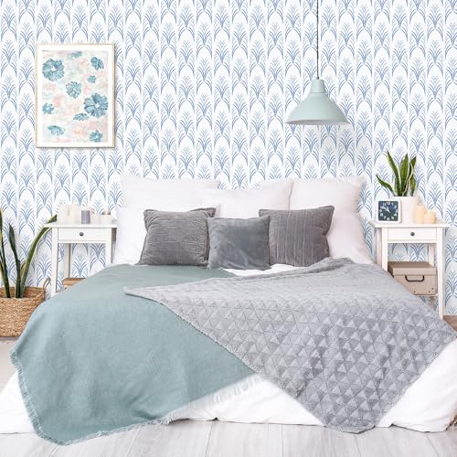 Blue White Geometric Peel and Stick Wallpaper Removable Abstract Vertical Striped Wallpaper Prepasted Boho Geometric Wall Mural 17.7"x160" Waterproof Blue Contact Paper for Bathroom Nursery