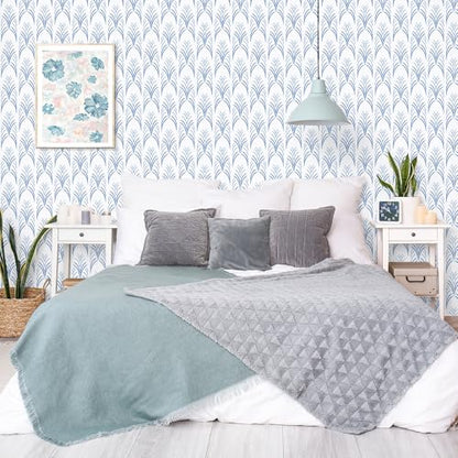 Blue White Geometric Peel and Stick Wallpaper Removable Abstract Vertical Striped Wallpaper Prepasted Boho Geometric Wall Mural 17.7"x160" Waterproof Blue Contact Paper for Bathroom Nursery