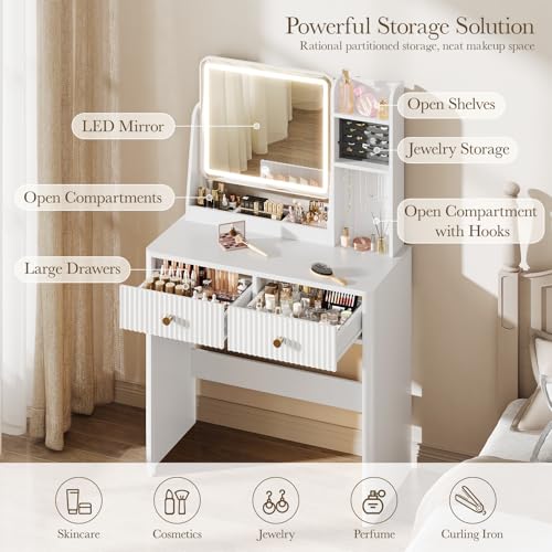 Fluted Makeup Vanity Desk with Mirror and Lights | Small Vanity with 3 Lighting Modes Adjustable Brightness, Jewelry Storage Cabinet and 2 Drawers, White - color: White