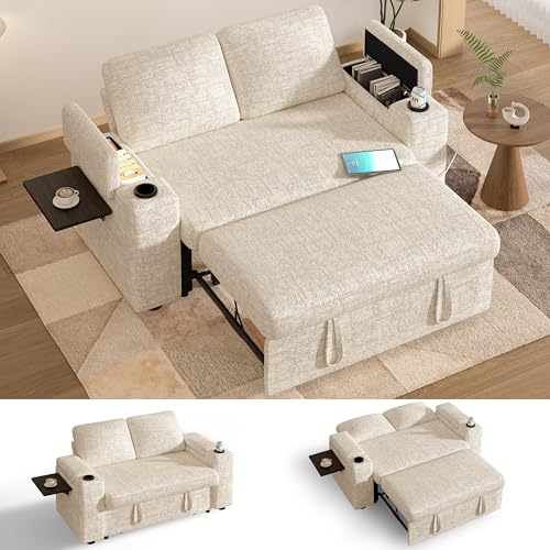 Vipbear 65" Loveseat Sleeper Sofa with Pull Out Bed, Chenille 3-in-1 Convertible Sofa Bed with Reclining Backrest|USB Ports|Cup Holders|Side Table|Storage Armrests, Tool Free Assembly, Beige - color: Beige