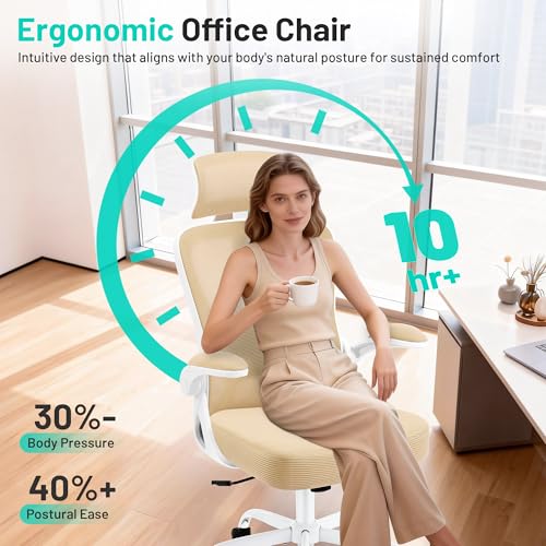 Office Chair - Ergonomic Desk Chair Breathable Mesh Chair with 2D Headrest & Adjustable Lumbar Support - Executive High Back Rolling Swivel Computer Gaming Chair with Wheels Flip-up Armrests - color: Khaki/White