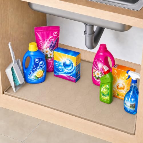 34"x22" Silicone Shelf Liner & Waterproof Under Sink Mat(Beige) | Durable Under Sink Organizer Tray with Raised Edge, Protects Bottom Cabinets & Shelves from Leaks & Cleaning Supplies - color: Beige