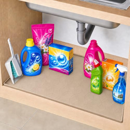 34"x22" Silicone Shelf Liner & Waterproof Under Sink Mat(Beige) | Durable Under Sink Organizer Tray with Raised Edge, Protects Bottom Cabinets & Shelves from Leaks & Cleaning Supplies - color: Beige