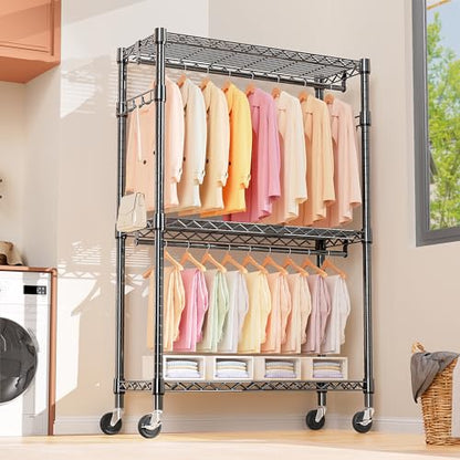 M MZG Heavy Duty Rolling Garment Rack 3 Tiers Adjustable Wire Shelving Clothes Rack with 2 Rods and Side Hooks, Storage Closet Clothing Rack with Wheels Black 17.7" D x 47.2" W x 83.6" H - color: Black, size: 3 Tiers with 2 rods, 17.7"D x 47.2"W x 83.6"H