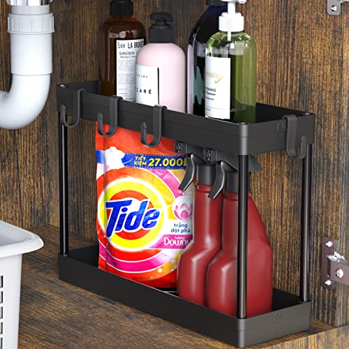 Simple Houseware 2-Tier Under Sink Organizer Storage Tray with Hooks, Black - color: Black