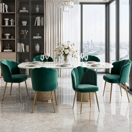 VECELO Velvet Dining Chairs Set of 6, Modern Upholstered Kitchen Chairs with Thick Cushions, Curved Padded Backrest and Metal Legs, for Kitchen, Dining Room, Living Room, Green - color: Green, size: Set of 6