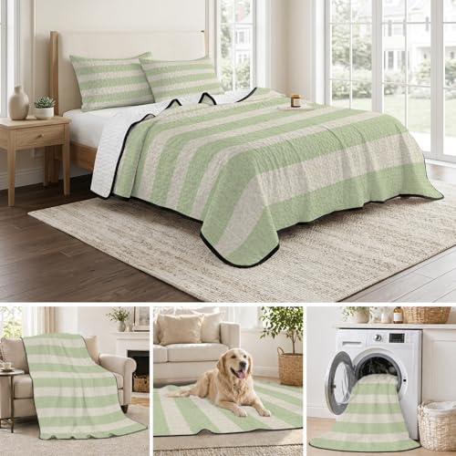 Queen Quilt Bedding Set, Sage Green Stripes Farmhouse Lightweight Coverlet Summer Comforter Set Soft Microfiber Bedspread, Retro Linen Texture 3 Piece Quilt Set with 2 Pillow Shams All Seasons Use - color: Green, size: 90x96in