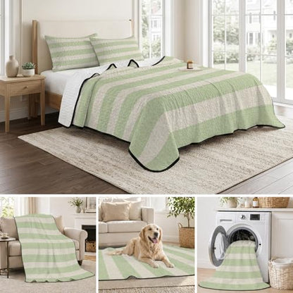 Queen Quilt Bedding Set, Sage Green Stripes Farmhouse Lightweight Coverlet Summer Comforter Set Soft Microfiber Bedspread, Retro Linen Texture 3 Piece Quilt Set with 2 Pillow Shams All Seasons Use - color: Green, size: 90x96in