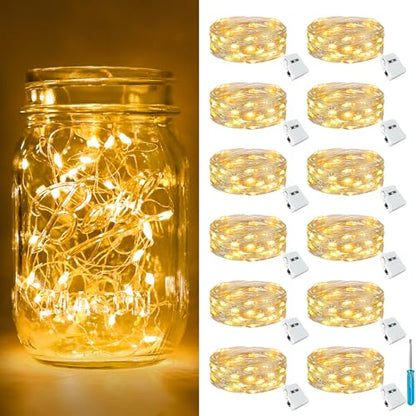 btfarm 12 Pack Fairy Lights Battery Operated Twinkle Lights with 3 Modes | 7Ft 20 Led String Light, Waterproof Bulk Small Mini Silver Wire for Christmas Mason Jars Wedding Table Centerpiece,Warm White - color: Warm White, size: 12 Pack