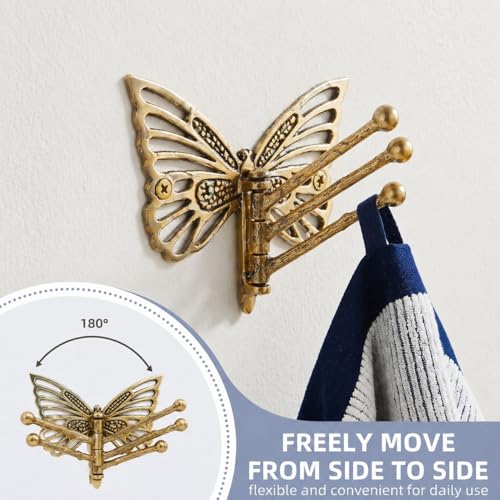 Indian Shelf Brass Butterfly Swivel Wall Hook, Foldable Tri-Arm Gold Hanger - style: Butterfly