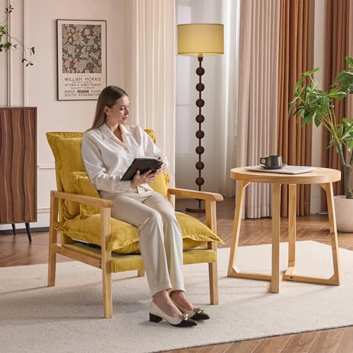 Karl home Plush Chenille Accent Chair with Lumbar Pillow & Ruffled Design Cozy Lounge Chair for Living Room, Bedroom, Reading Corner, Yellow