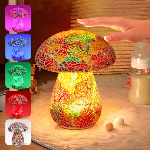GOESWELL Mosaic Table Mushroom Lamp for Room: Rechargeable Cordless Bedside Lamp with Hand-Crafted Stained Glass for Any Space - Cute Nightstand Lamp with 5 Colors 2 Mood Lighting for Kids - color: Multicolor