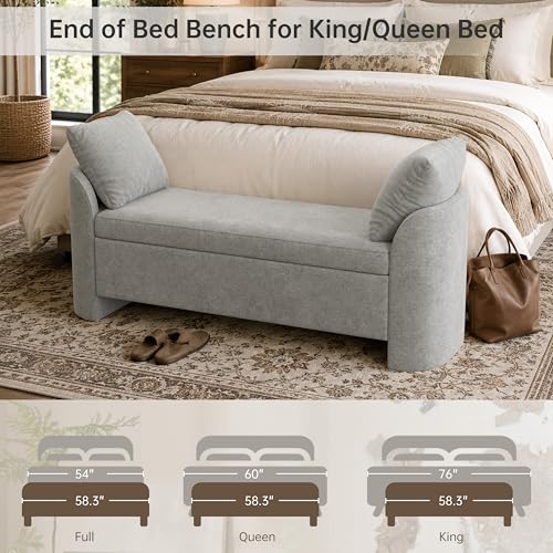 Usaint 58.3" Upholstered Storage Ottoman Bench with 2 Throw Pillows, Grey | End of Bed Bench with Curved Arms and Thickened Seat Cushion for Bedroom, Livingroom, Window, Entryway and Dressing Areas - color: Grey