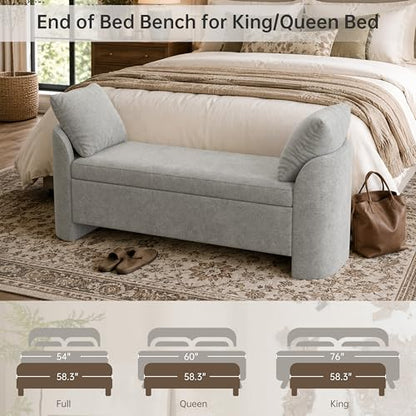 Usaint 58.3" Upholstered Storage Ottoman Bench with 2 Throw Pillows, Grey | End of Bed Bench with Curved Arms and Thickened Seat Cushion for Bedroom, Livingroom, Window, Entryway and Dressing Areas - color: Grey