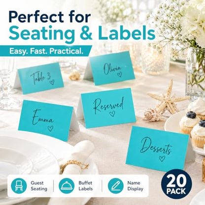 Andaz Press Table Tent Printable Place Cards, Aqua 20-Pack Seat Placement Cards Blank Place Cards Table Settings Name Cards for Baby Bridal Wedding Shower School Graduation Food Cards Blue Place Cards - color: Aqua