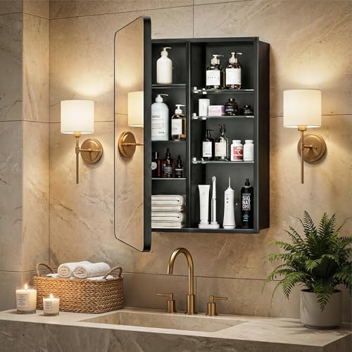 24x32 Black Medicine Cabinet with Mirror, Recessed & Surface Mount | Bathroom mirror with storage: 6 adjustable shelves fit tall bottles; DTC soft-close hinges; rust-resistant aluminum - size: 24" x 32"