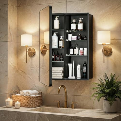 24x32 Black Medicine Cabinet with Mirror, Recessed & Surface Mount | Bathroom mirror with storage: 6 adjustable shelves fit tall bottles; DTC soft-close hinges; rust-resistant aluminum - size: 24" x 32"