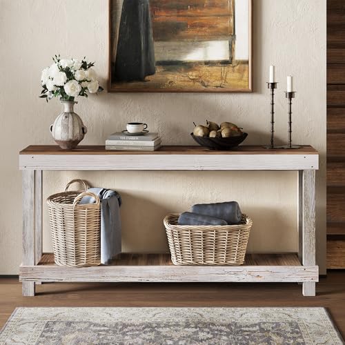 SMARTSTANDARD 60" Long Farmhouse Console Table, Solid Wood, Classic White | Console Sofa Table, Entryway Table for Hallway, Living Room, Entrance, 2 Tiers, Easy Assembly - color: Classic White, size: 60 Inch