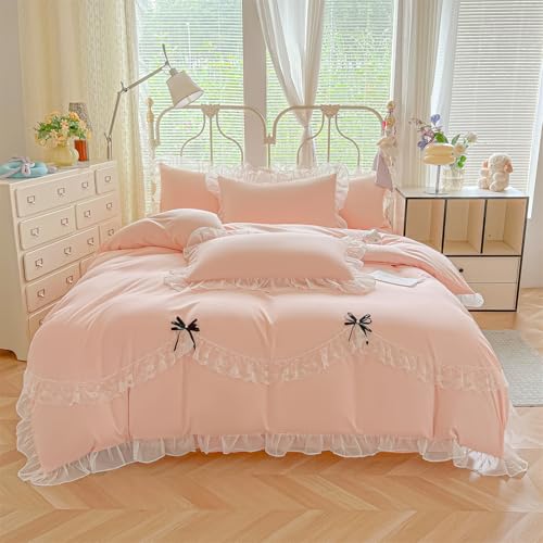 MOOWOO Lace Ruffled Bedding Setwith Cute Bowtie- 3PC(1 Full Duvet Cover 80x90 Inch, 2 Pillowcases) Aesthetic Bedding for Romantic French Wedding - color: Pink, size: Full