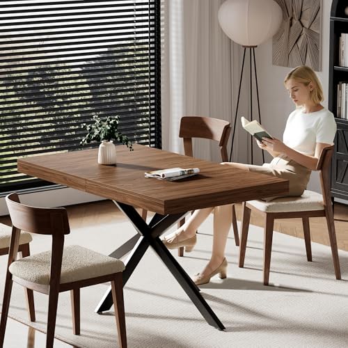 Extendable Dining Room Table for 4 6 8,55"-70" Kitchen Table Leaf,Walnut | Expandable Rectangle Dining Table,Wood Dining Table w/ Hidden Leaf & Storage, Space Saving, Kitchen Dining Living Room,Modern - color: Removable Leaf 55"-71" Walnut