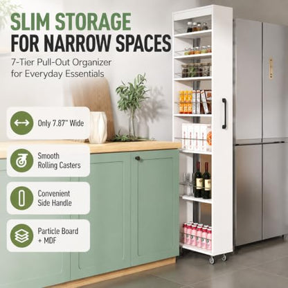 7-Shelf Tall Narrow Storage Cabinet with Wheels, 71 Inch, White | Slim Pull-Out Organizer, 7.87 Inch Wide for Small Spaces Between Washer/Dryer, Kitchen, Bathroom and Laundry Room - color: E-white