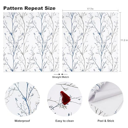 Grey Blue Tree Branches Peel and Stick Contact Paper 17.7" x 236" Modern Tree Branch Removable Wallpaper Natural Wall Paper Self-Adhesive Vinyl for Drawer Liner Furniture Crafts Accent Walls - size: 17.7" x 236"