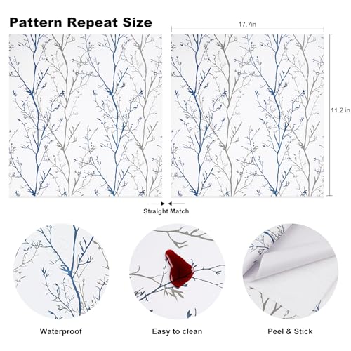 Grey Blue Tree Branches Peel and Stick Contact Paper 17.7" x 197" Modern Tree Branch Removable Wallpaper Natural Wall Paper Self-Adhesive Vinyl for Drawer Liner Furniture Crafts Accent Walls - size: 17.7" x 197"