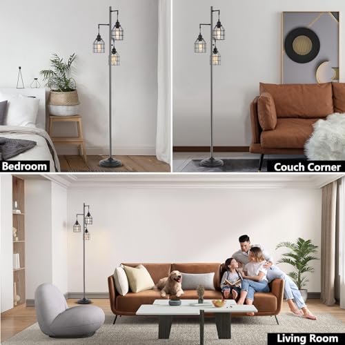 9MMML Floor Lamp for Living Room, Farmhouse Industrial Dimmable Floor lamp,3 Lights Metal Cage Tree Standing Lamp,68", 3Pcs Led Bulbs Included - color: Black B