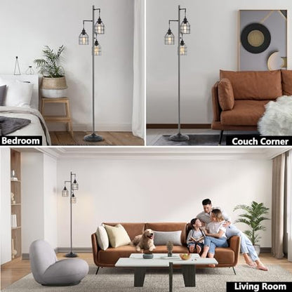9MMML Floor Lamp for Living Room, Farmhouse Industrial Dimmable Floor lamp,3 Lights Metal Cage Tree Standing Lamp,68", 3Pcs Led Bulbs Included - color: Black B
