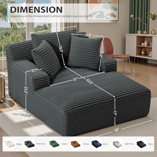 67 Inch Chaise Lounge Chair Indoor, Oversized Corduroy Upholstered Boneless Sofa Bed, Deep Seat Sleeper Couch Reading Chairs, Cloud Sofas Couches for Living Room, No Assembly Required (Dark Grey) - color: Dark Grey, size: 50"W x 67"D