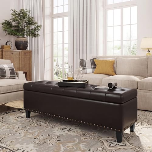 FiveWillowise 51 Inch Storage Ottoman Bench,Large End of Bed Storage Bench | Faux Leather Ottoman with Storage,30 Gallons,Upholstered,with Nailhead Trim,Legs,for Bedroom,Living Room,Entryway,Chocolate - color: Chocolate