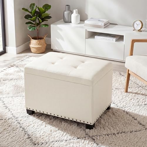 Homebeez Storage Ottoman with Tray Top, 22" Tufted Fabric Coffee Table with Storage, Foot Rest Ottoman with Nailhead Trim, for Living Room Bedroom, White - color: White Linen