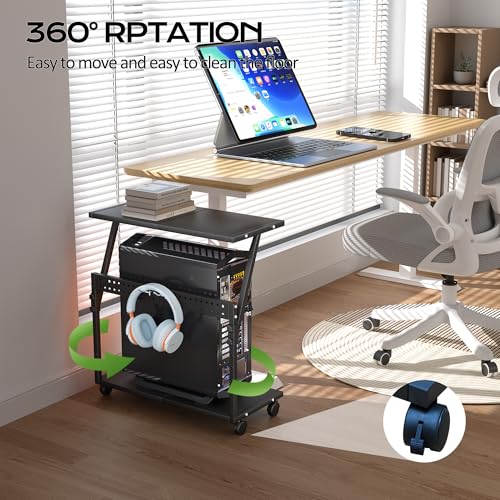 24In Large PC Stand, 5 Levels Height Adjustable Computer Tower Stand with Wheels and Hooks, CPU Holder Cart for Floor, Carpet and Under Desk, Easy Assembly（NOT Including Power Strips） - color: Black