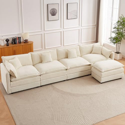 Modular Sectional Sofa, 147.2 Inch L Shaped Couch Set with Armrests, 4-Seater Comfy Cloud Couches with Movable Ottoman for Living Room Apartment, Beige - color: Beige, size: 147.2'' - L Shape