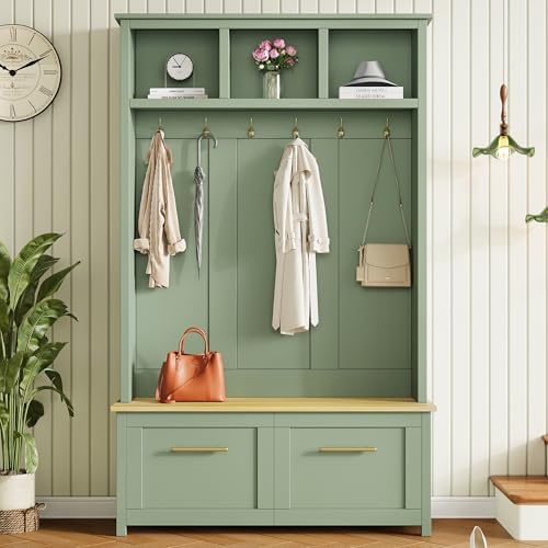 JIVOIT 4-in-1 Entryway Hall Tree with Brown Wood Grain Storage Bench, Wood Entryway Coat Hanger Hall Tree with 6 Golden Hooks, 2 Drawers, Coat Rack for Living Room, Hallway - color: Mint Green/31