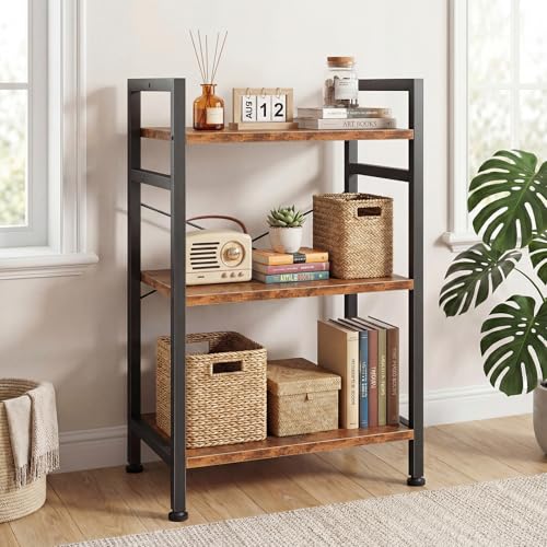 DUMOS 3 Tiers Open Bookshelf, Classic Freestanding Tall Display Shelf, Multifunctional Storage Organizer Rack for Living Room Home Office, Sturdy Bookcase for CDs/Books/Movies, Brown | Multifunctional Storage Organizer Rack for Living Room Home Office, St