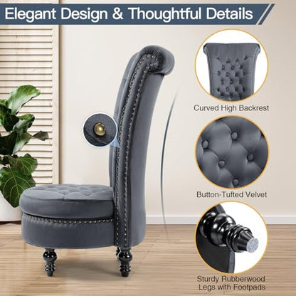 AVAWING High Back Velvet Tufted Throne Chairs with Storage Set of 2, Grey | Tufted Nailhead Design; Hidden Storage; Soft Velvet; Sturdy Wood Legs 330Lbs; High Density Foam; Ergonomic Back - color: Grey