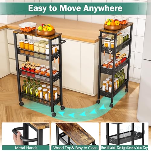 Vivihomety 4-Tier Slim Utility Rolling Laundry Cart with Wheels, Metal | Narrow 7.1" wide, Lockable wheels, wood top panel, metal frame, with handle, for laundry, bathroom, kitchen, black - color: Black, size: 7.1 inch wide