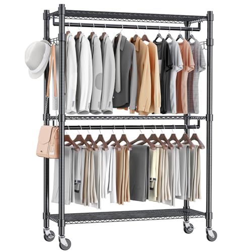 Homdox Rolling Garment Rack with Double Rod, Heavy Duty Clothing Rack with Shelves, Portable Clothes Rack, Free Standing Wardrobe Rack, with Lockable Wheels & Hanging Hooks, Max Load 450 LBS, Black - color: Black, size: 17.72"D x 47.24"W x 80.71"H