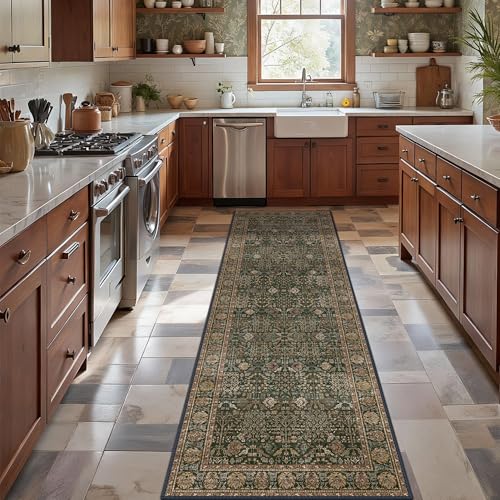 2'6" x 10' Kitchen Runner Rug, Washable Non Slip, Dark Green Brown | Vintage Floral, Spill Resistant, Lightweight Low Pile Carpet for Hallway, Bedroom, Laundry Room and Bathroom - color: Dark Green Brown, size: 2'6" x 10' (Rectangular)