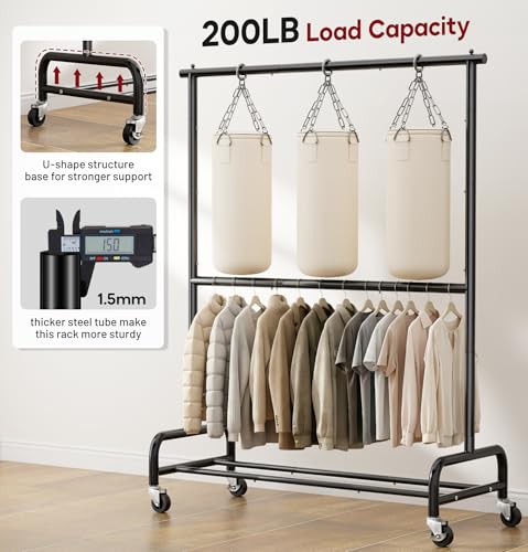 SLEEPING LAMB Heavy Duty Clothes Rack with Wheels, Metal Rolling Garment Rack for Hanging Coats, Shirts (Black) - color: Black, style: Double Rod