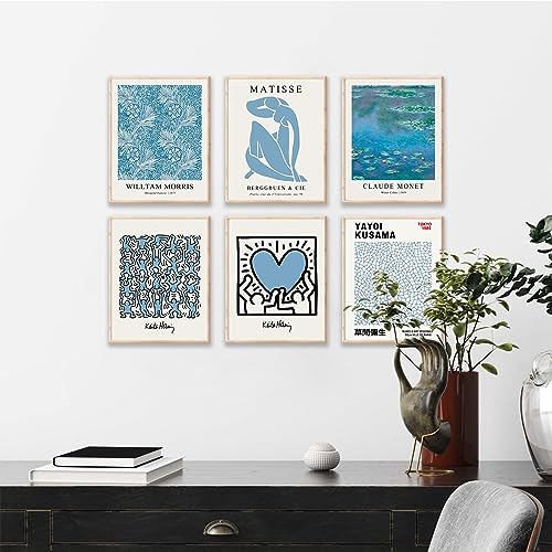Matisse Wall Art Prints Set of 6, Abstract Blue Matisse Wall Art Exhibition Posters, Modern Blue Matisse Print William Morris Painting Yayoi Kusama Poster Claude Monet Prints, Boho Canvas Art Prints - color: Blue Matisse Wall Art, size: 8x10 inch