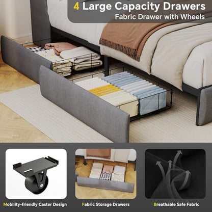 SADENICEL Queen Bed Frame with 4 Storage Drawer, Queen Size Bed Frame, Grey | Headboard with Charging Station and LED Lights, Metal Platform Bed with Storage Shelf, Noise Free, No Box Spring Needed - size: Queen, style: 4 Storage Drawer