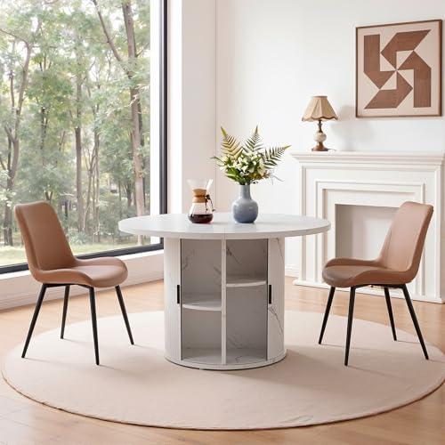 3-Piece Round Dining Table Set for 2, 47-Inch Modern Faux Marble Dining Table with Half-Open Storage Shelf, Upholstered Dining Chairs with Thick Cushions (White Faux Marble Table + 2 Brown Chairs) - color: White Faux Marble Table + 2 Brown Chairs-196, siz