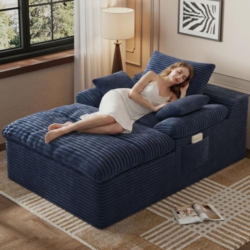 47.24" Oversized Chaise Lounge Chair, Deep Seat Upholstered Cozy Cloud Couch, Modern Corduroy Floor Sleeper Sofa Bed, Reading Chair for Living Room, Bedroom, Apartment, Office, Indoor, Blue - color: Blue, size: 47.24"