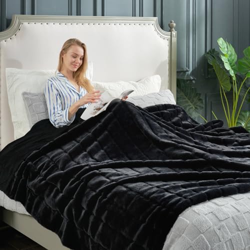Cozy Bliss Deluxe Sheared Rabbit Faux Fur Throw Blanket, Black 60"x80" | Soft Fuzzy High-Low Sculpted Plush Blanket for Couch, Cozy Home Accent, All Season Use - color: Stripe - Black, size: Twin(60" x 80")