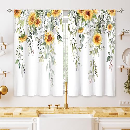 Eucalyptus Botanical Leaves Yellow Sunflower Floral Kitchen Window Curtains Flower Plant Small Window Treatment Sage Green Cafe Short Curtains for Bathroom Treatment Tier Drapes 26x30 inch - color: 06 Green Dark Yellow, size: 26"W x 30"L (Pack of 2)