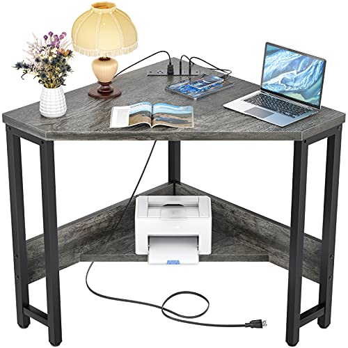 Corner Desk Small Desk with Outlets Corner Table for Small Space, Computer Desk with USB Ports Triangle Desk with Storage for Home Office, Workstation, Living Room, Bedroom, Oak - color: Oak