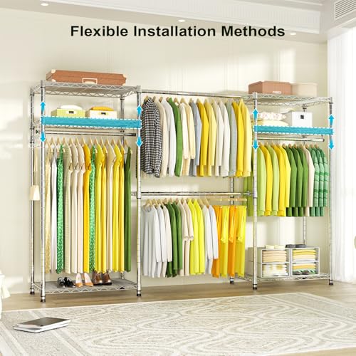 E1 Heavy Duty Closet Garment Rack, 6 Tiers Adjustable Clothing Storage | Metal Freestanding Expandable Clothes Rack with 4 Hanger Rods, Easy to Assemble Wardrobe, Chrome - color: Chrome