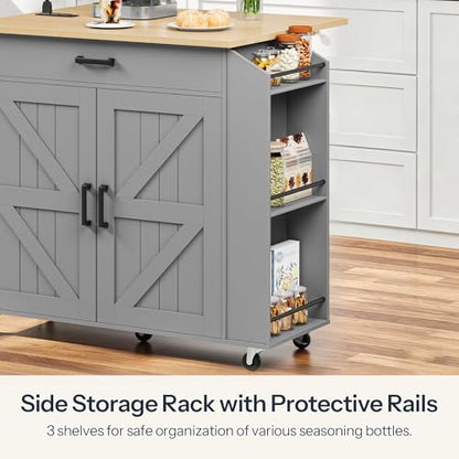 HOOBRO Kitchen Island with Drop Leaf Countertop & Power Outlet, Rolling Island Cart on Wheels, Kitchen Cart with Drawer & Spice Rack, Mobile Island Table for Kitchen, Natural and Grey GN86UZD01 - color: Natural + Grey